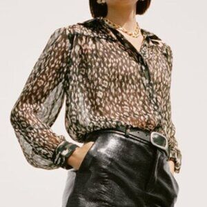 NWT Zara Green Patterned Blouse – Semi-Sheer with Lace Detail